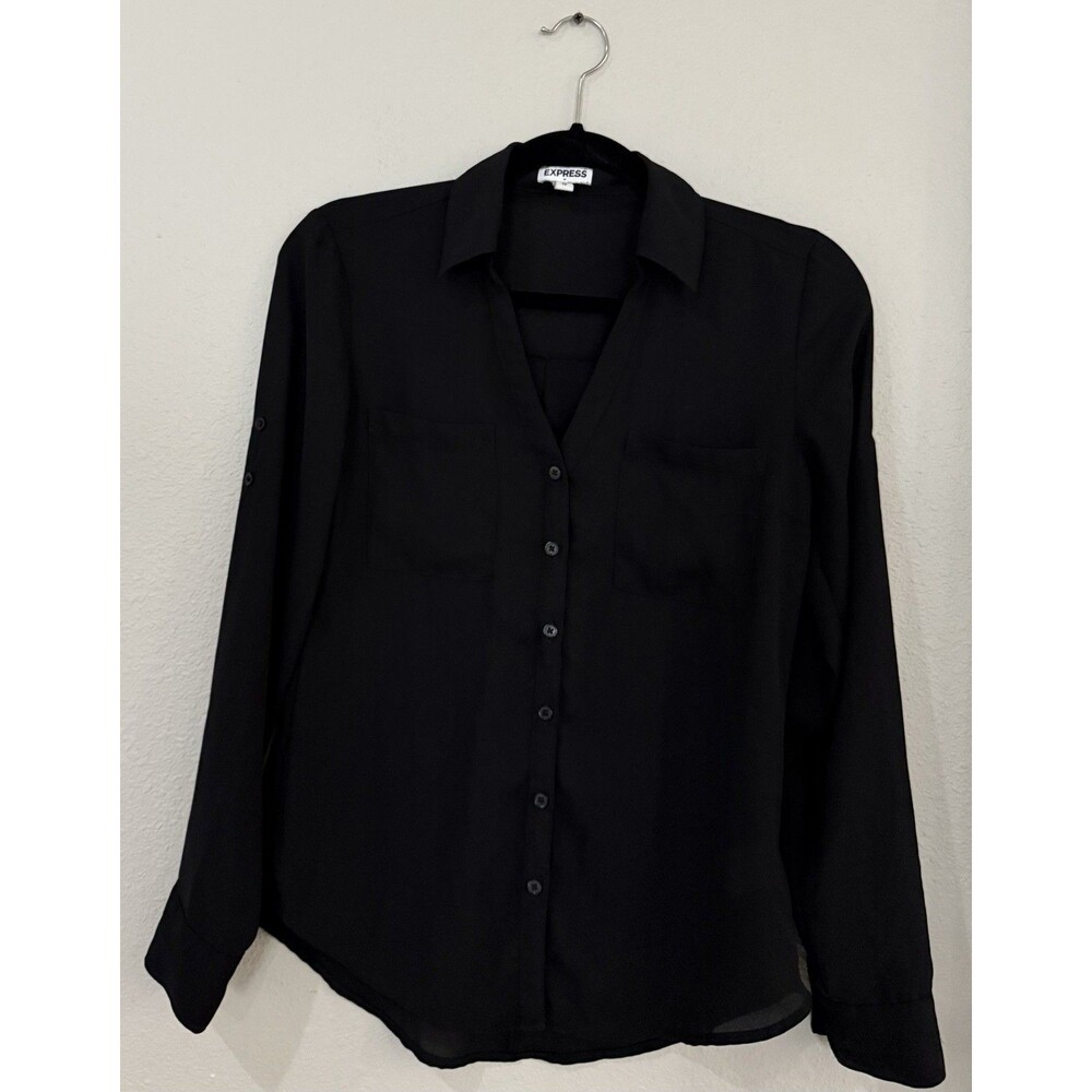 Y2K Express Women’s X-Small Long Sleeve Blouse Roll Tab Convertible Black
